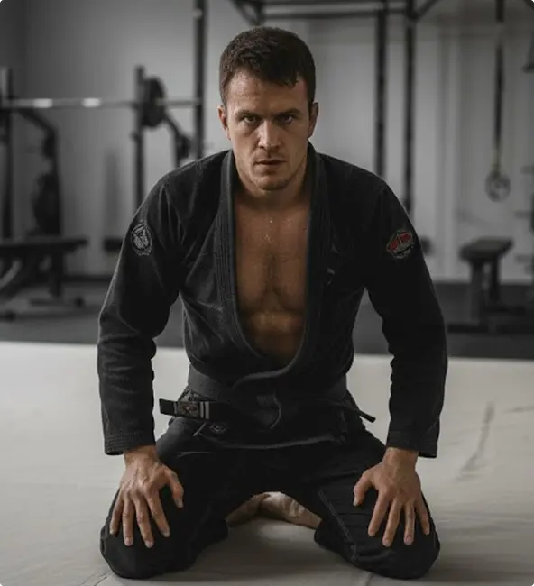 Personal Trainer para Jiu-Jitsu: Felipe Rocha ajoelhado no tatame após treino. Treinamento especializado para lutadores de BJJ
